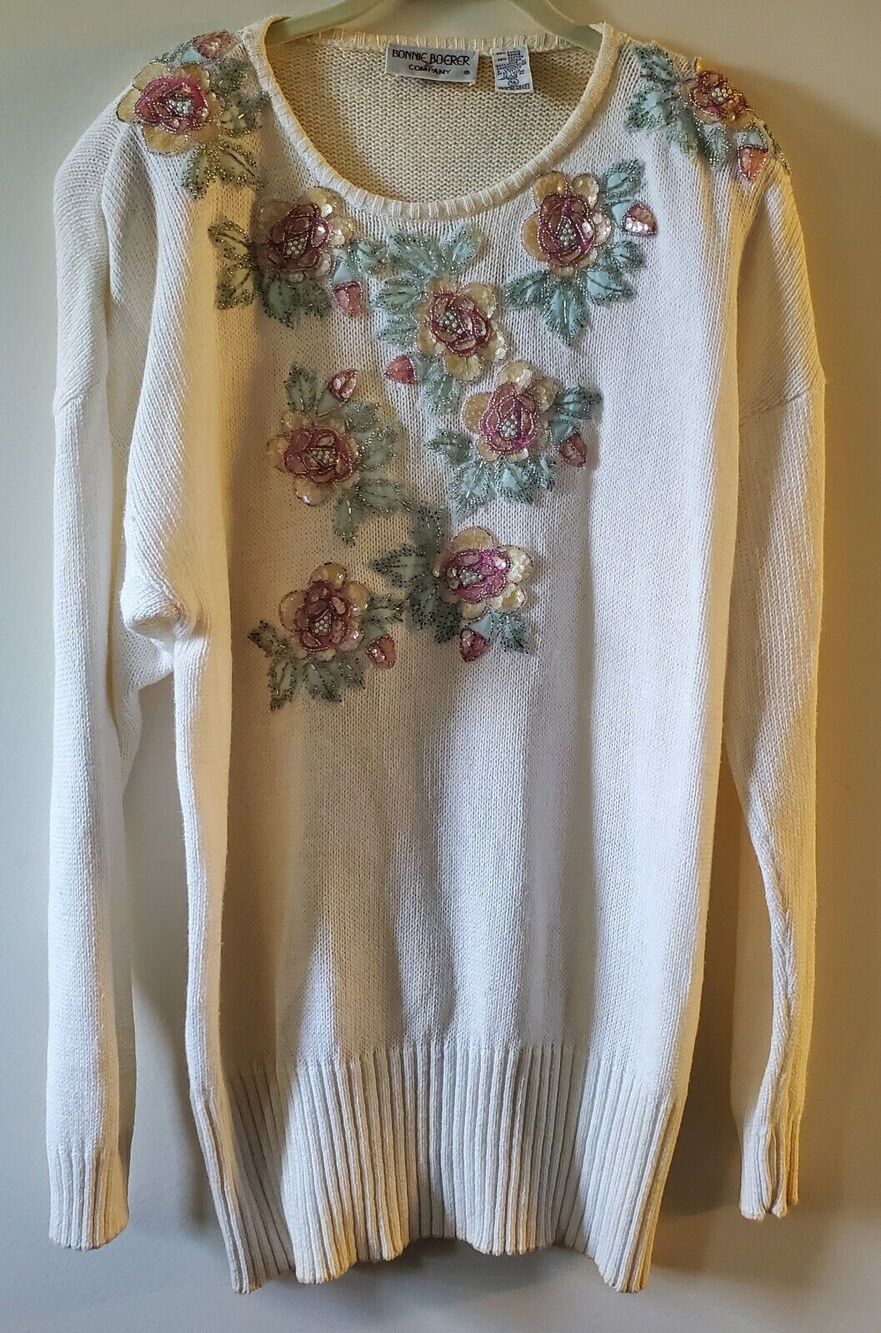 VTG 80s Bonnie Boerer S Tunic Sweater White Pastel Floral Applique Ramie Cotton